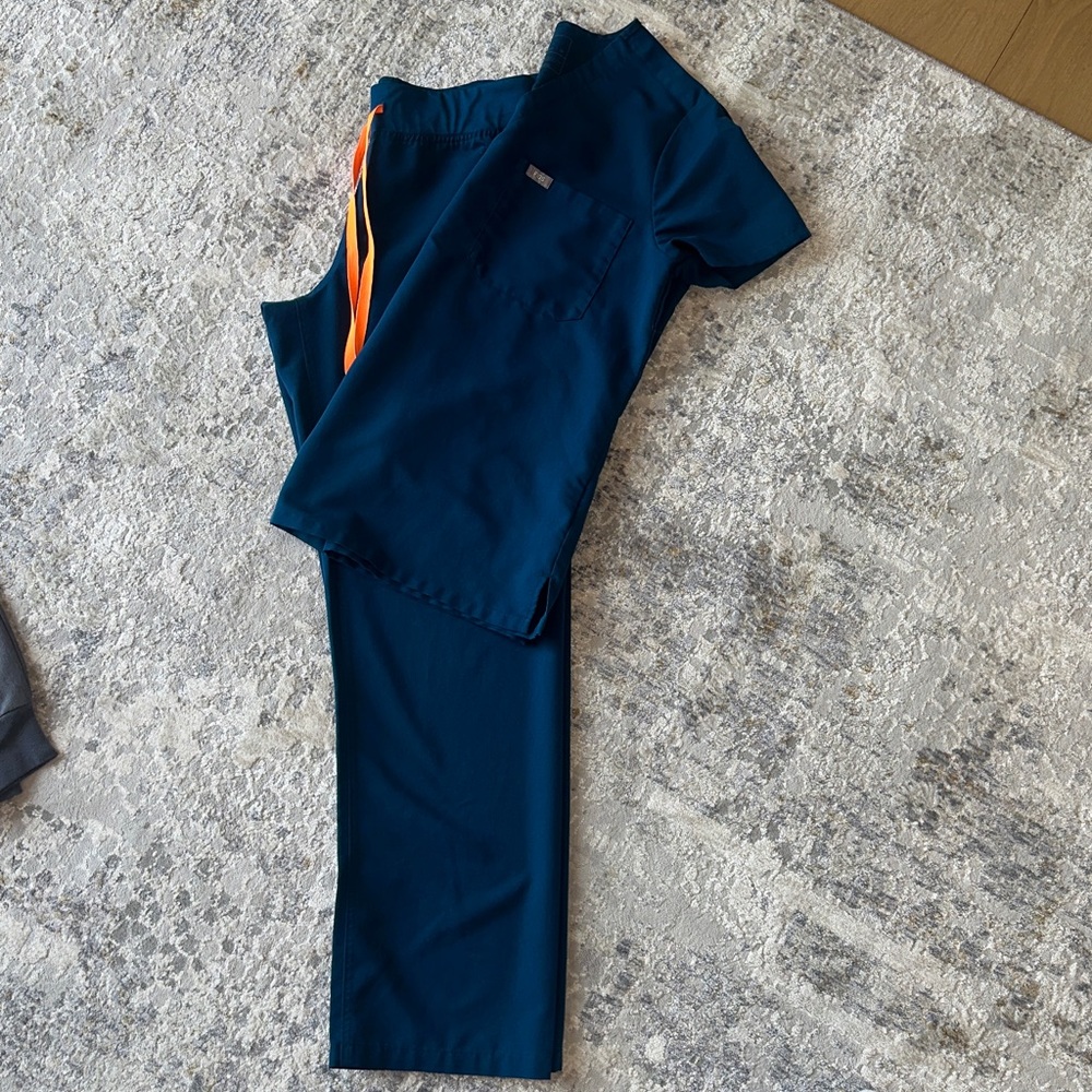 Navy Blue Scrub Set with Orange Accents